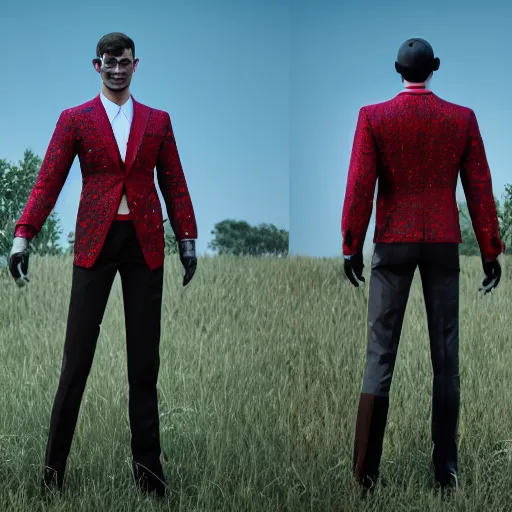 Prompt: a man festival outfit designed by prada, bold, colorful, mid view, very detailed render, very realistic render, elegant render, rendered in unreal engine and cryengine