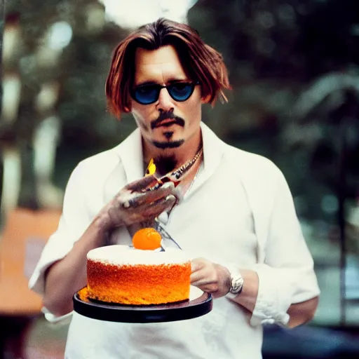 Image similar to johnny depp eating orange cake coloured film photography, 5 0 mm film