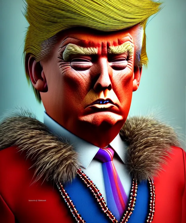 Image similar to hyperrealistic mixed media painting of Donald Trump as a Navajo doll, stunning 3d render inspired art by P. Craig Russell and Barry Windsor-Smith + perfect facial symmetry + dim volumetric lighting, ornate gothic armor, head and shoulders, d&d, arms crossed, serious expression, 8k octane beautifully detailed render, post-processing, extremely hyperdetailed, intricate, epic composition, grim yet sparkling atmosphere, cinematic lighting + masterpiece, trending on artstation, very very detailed, masterpiece, stunning