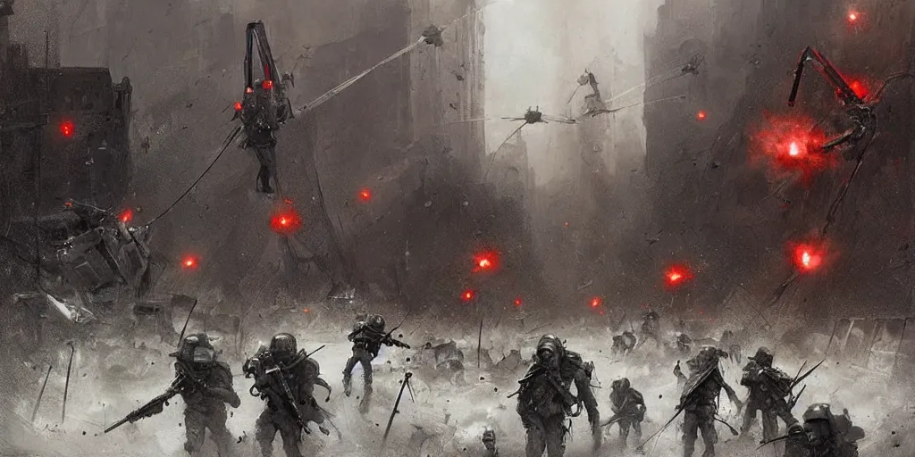 Image similar to war of the worlds, martian tripods attack new york, human soldiers try to counter - attack, intense fighting, digital painting, very detailed, art by jakub rozalski