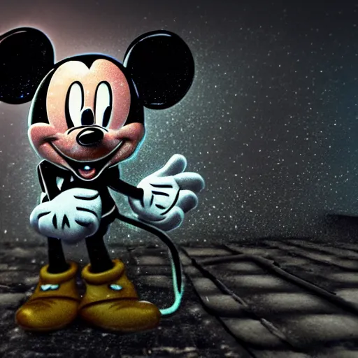 Prompt: counterfeit mickey mouse, fractal, broken, wet, melting, fractured, mycelium, cubensis, radiant alien, rococo, baroque, automotive, bio-mechanical, porcelain, iridescent, sub surface scattering, unreal engine, octane render