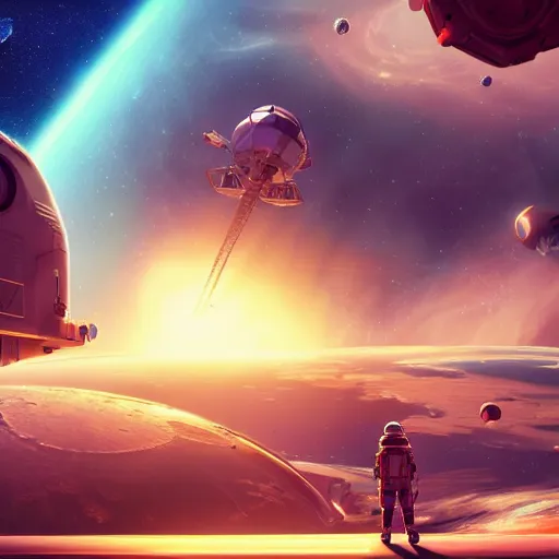 Image similar to space station in front of a nebulae,, album cover, no text, studio ghibli, pixar and disney animation, sharp, rendered in unreal engine 5, anime key art by greg rutkowski, bloom, dramatic lighting
