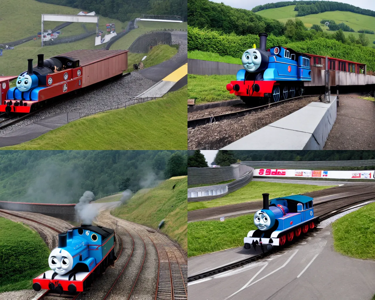 Prompt: Thomas the Tank Engine at the Nurburgring Nordschleife setting a hot lap, apexing at a corner