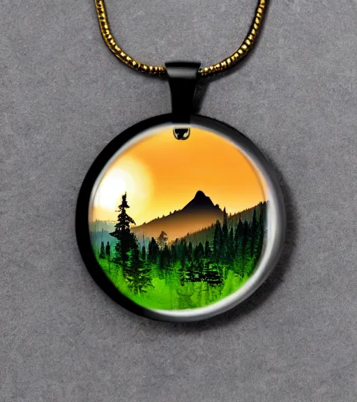 Prompt: : : verdant mountain from firewatch inside a perfectly circular clear glass terrarium pendant, there is mist inside the pendant, plain black background, gold details