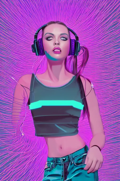 Image similar to a award winning half body portrait of a beautiful woman with stunning eyes in a croptop and cargo pants with ombre purple pink teal hairstyle dancing with headphones on her ears by thomas danthony, surrounded by whirling illuminated lines, outrun, vaporware, shaded flat illustration, digital art, trending on artstation, highly detailed, fine detail, intricate