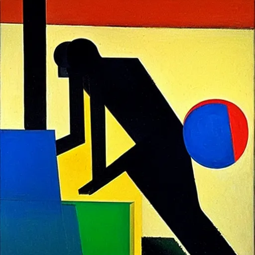 Image similar to melancholic complex suprematism painting of mechanic formed figure working on an sphere machine in height by malevich, throwing hard long shadows in complex construct room by edward hopper vibe, liminal space, oil on canvas