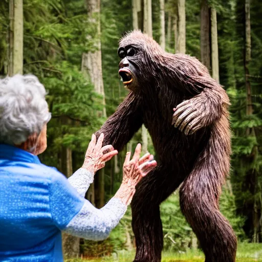Image similar to elderly woman screaming at bigfoot, canon eos r 3, f / 1. 4, iso 2 0 0, 1 / 1 6 0 s, 8 k, raw, unedited, symmetrical balance, wide angle