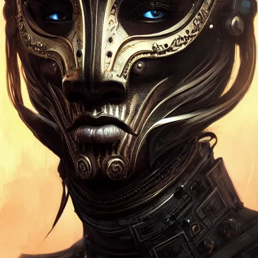 Image similar to Very very very very highly detailed epic photo of face with venetian mask, intricate, dystopian, sci-fi, extremely detailed, digital painting, artstation, concept art, smooth, sharp focus, illustration, intimidating lighting, incredible art by Artgerm and Vincent di Fate