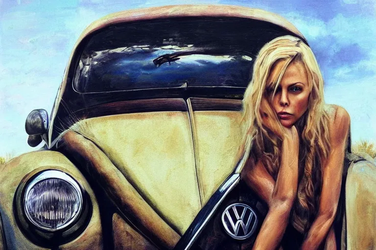 Prompt: beautiful beautiful beautiful charlize theron with long blonde hair locks holds over its head on its two hands old volkswagen beetle, oil on canvas, naturalism