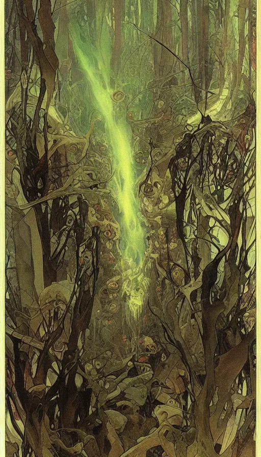 Image similar to a storm vortex made of many demonic eyes and teeth over a forest, by alfons maria mucha