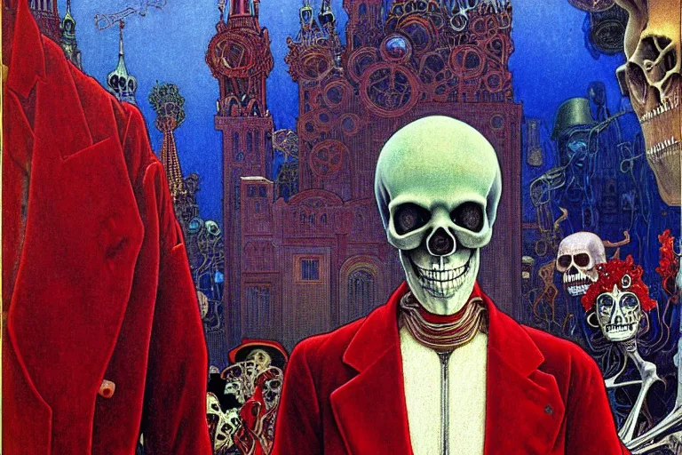 Image similar to realistic detailed closeup portrait painting of a single skeleton wearing red velvet blazer in a crowded futuristic moscow street by Jean Delville, Amano, Yves Tanguy, Alphonse Mucha, Ernst Haeckel, Edward Robert Hughes, Roger Dean, rich moody colours, blue eyes