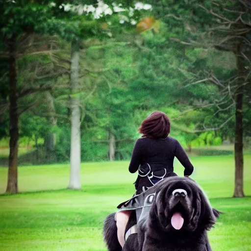 Image similar to girl riding a giant newfoundland dog in the park, trending on artstation