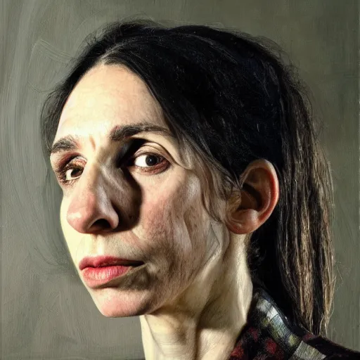 Image similar to high quality high detail painting by lucian freud, hd, portrait of pj harvey, photorealistic lighting