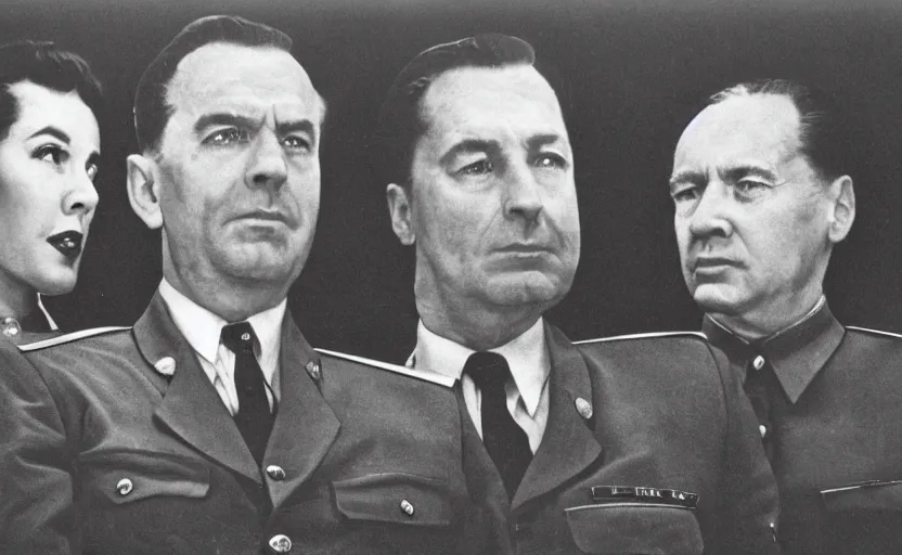 Prompt: 50s movie still close-up portrait of three individual elder soviet generals with very diverses faces in a stalinist hall, by David Bailey, Cinestill 800t 50mm black and white, heavy grainy picture, very detailed, high quality, 4k, HD criterion, precise texture, facial precision, diverse haircuts, diverse ages, each faces precisely define