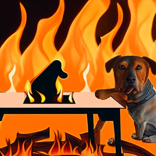 Image similar to an orange humanlike dog in his house, sitting at his table, a coffee on the table, surrounded by flames and fire, smoke above him