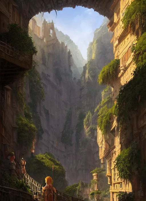 Prompt: medieval city built on terraces in a gigantic canyon, lots of buildings connected by bridges, waterfalls, warm glow coming the ground, lush vegetation, pitchblack sky, extremly detailed digital painting, in the style andreas rocha and greg rutkowski and peter mohrbacher, rim light, beautiful lighting, 8 k, stunning scene, octane, trending on artstation