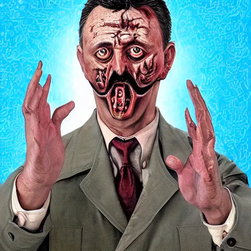 Image similar to igor ivanovich strelkov became an angry degraded satanic hellfire demonic abomination and calling for total mobilization, photo - realistic, color image, 2 k, highly detailed, bodyhorror, occult art