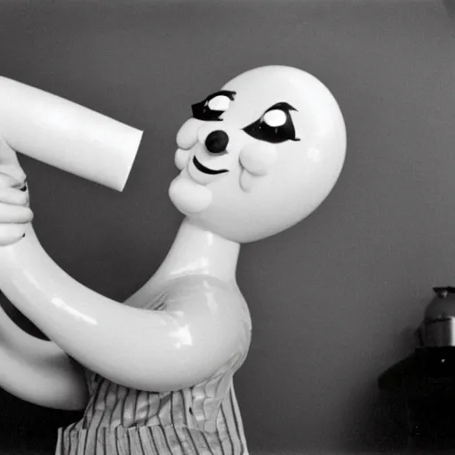 Image similar to 1976 a curvy woman vintage kitchen baking a cake wearing an inflatable long prosthetic snout nose made of gooey green slime, has growths of inflatable plastic on her skin, soft color wearing stripes, pink slime everywhere, light beige polka-dot walls, studio lighting 1976 color film archival footage holding a hand puppet that looks like Caspar the Friendly Ghost, 16mm Russ Meyer John Waters Almodovar Doris Wishman