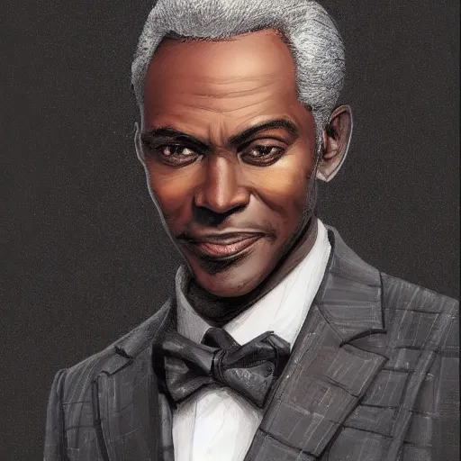 Prompt: portrait of a handsome, dark skinned man smiling brightly, in his 5 0 s with salt and pepper hair and sharp cheekbones, dressed in expensive clothes, detailed face, smooth, sharp focus, graphic novel, art by artgerm and greg rutkowski and pepe larraz,