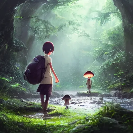 Image similar to a tiny mushroom person with a mushroom for a head walking by a stream in a lush forest. dramatic lighting cgsociety masterpiece, artstation trending, by rossdraws, ghibli, Kimi no Na wa, greg rutkowski, 4k, digital art, concept art, trending on artstation