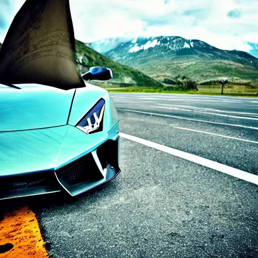 Prompt: a dragon stomping on a lamborghini, view from inside the cabin