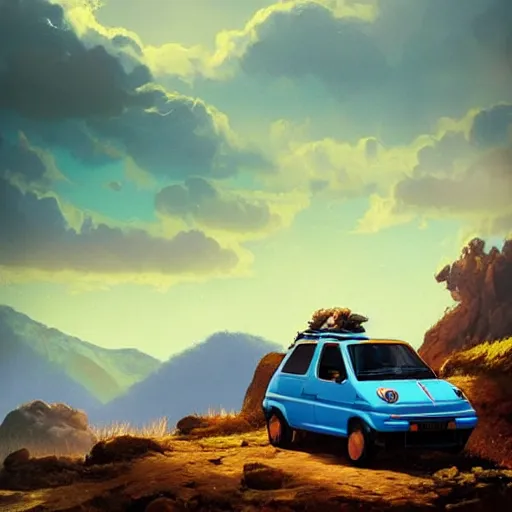 Image similar to blue fiat panda riding in mountains, dramatic light, clouds, artstation, hyper realistic, simon stalenhag