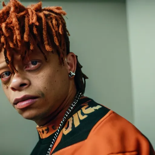 Image similar to a cinematic film still of Trippie Redd starring in The Shining, portrait, 40mm lens, shallow depth of field, close up, split lighting, cinematic