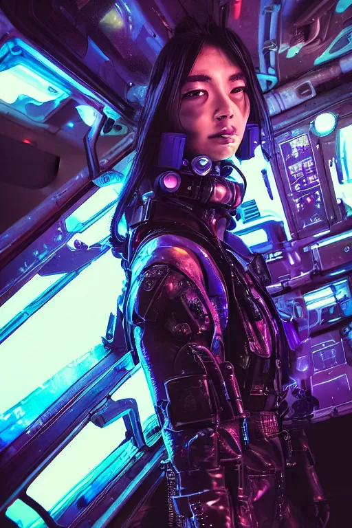 Image similar to portrait futuristic beautiful and cyberpunk and mythical female police, at inside of a future armored vehicle, heavy rainning futuristic tokyo cyberpunk night, ssci-fi, fantasy, intricate, very very beautiful, elegant, neon light, highly detailed, digital painting, artstation, concept art, soft light, hdri, smooth, sharp focus, illustration, art by tian zi and craig mullins and WLOP and alphonse mucha