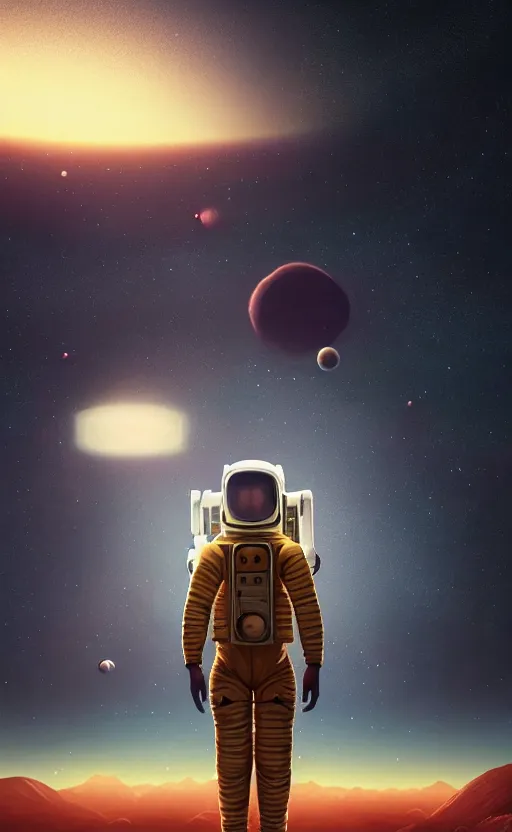 Image similar to A astronaut sitting and gazing upon a amazing alien landscape and the universe, digital art, breathtaking, golden ratio, extremely detailed, establishing shot, hyperrealistic, cinematic lighting, particles, unreal engine, simon stålenhag, rendered by Beeple, Makoto Shinkai, syd meade, simon stålenhag, Ruan Jia, Kentaro Miura, environment concept, artstation, octane render, 8K UHD image