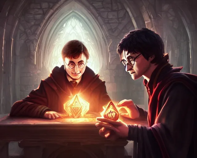 Image similar to a gaming screenshot still portrait of evil harry potter, deep focus, d & d, fantasy, intricate, elegant, highly detailed, digital painting, artstation, concept art, matte, sharp focus, illustration, dark fantasy style art, hearthstone, art by artgerm and greg rutkowski and alphonse mucha