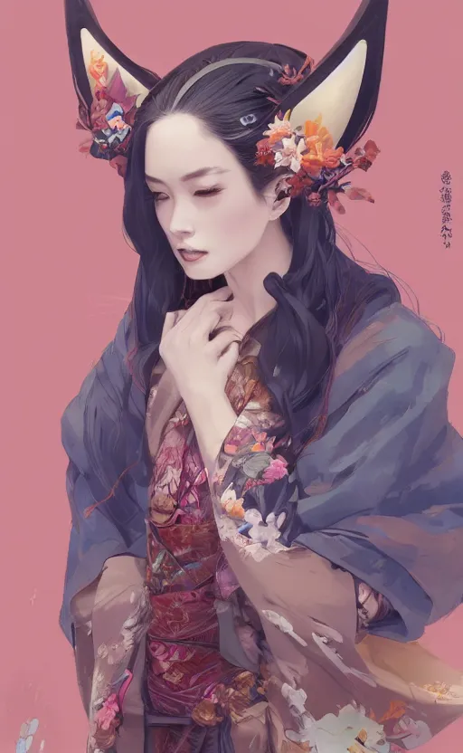 Image similar to An beautiful digital painting of a woman with fox ears and nine tails wearing a kimono, by Stanley Artgerm Lau, WLOP, Rossdraws, James Jean, Andrei Riabovitchev, and Marc Simonetti, trending on artstation