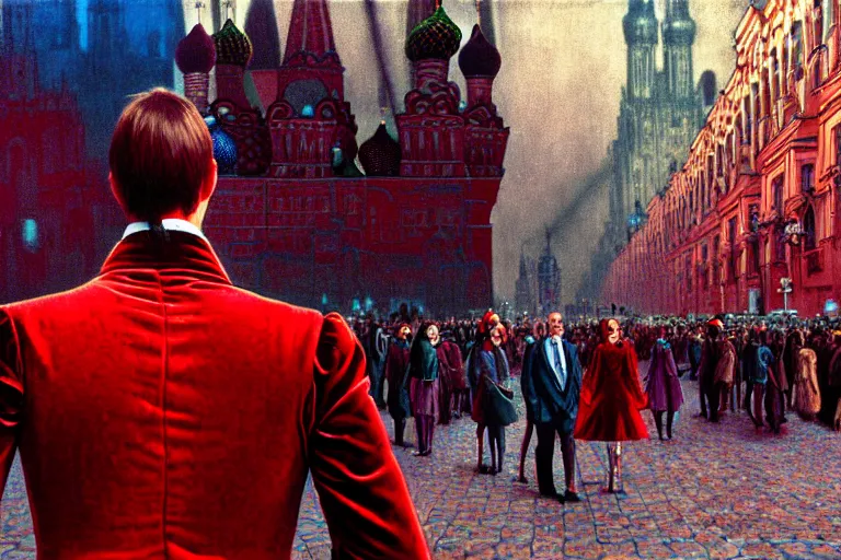 Image similar to realistic detailed photorealistic film closeup portrait shot of a single skeleton wearing crimson velvet blazer in a crowded futuristic moscow street by Denis Villeneuve, Amano, Yves Tanguy, Alphonse Mucha, Ernst Haeckel, Andrei Tarkovsky, Edward Robert Hughes, Roger Dean, rich moody colours, wide angle, blue eyes