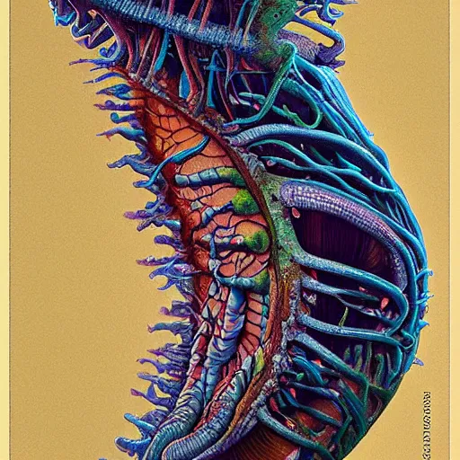 Image similar to nightmare etherreal iridescent vascular nerve bundles pearlescent spinal chord horror by Naoto Hattori, Zdzislaw, Norman Rockwell, Studio Ghibli, Anatomical cutaway
