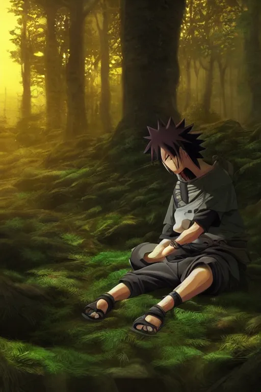 Image similar to photorealistic dark fantasy concept art of Naruto meditating in a forest, dynamic lighting, stunning visuals, realism, cinematic, hyper detailed, ultra detailed, beautiful visuals and sunset