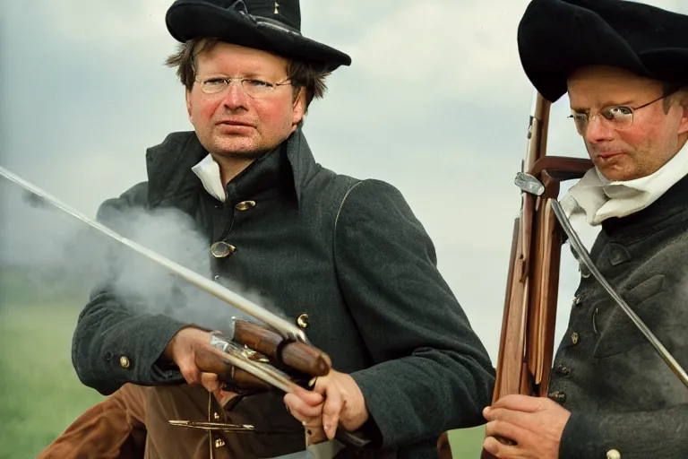 Prompt: closeup portrait of jan peter balkenende firing a musket, natural light, sharp, detailed face, magazine, press, photo, steve mccurry, david lazar, canon, nikon, focus