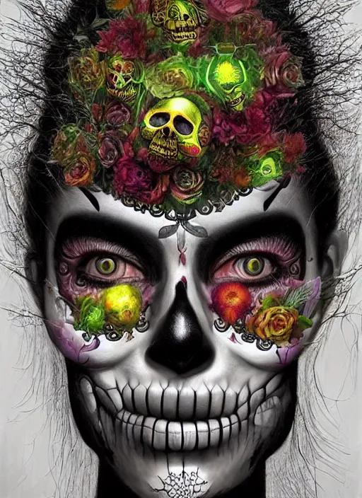 Image similar to dia de los muertos theme surrealist art in the styles of igor morski, jim warren, and loyiso mkize, intricate, hyperrealistic, accurate facial details, profile picture with chromakey!!!!! background, volumetric lighting