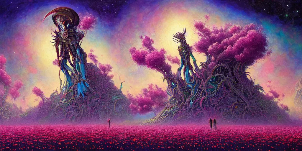 Prompt: a beautiful painting of a large alien shrine shrouded by mystic nebula magic in a field of flowers by moebius and android jones, oil on canvas sharp, details, hyper - detailed, hd, hdr, 4 k, 8 k