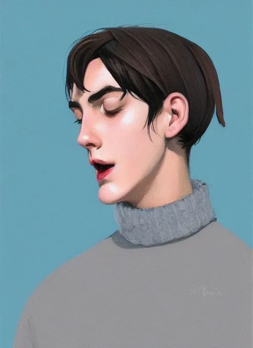 Image similar to portrait of teenage jughead jones wearing a light grey crown, crown, eating hamburger, blue turtleneck, eyes closed, crown, black hair, intricate, elegant, glowing lights, warm lighting, highly detailed, digital painting, artstation, concept art, smooth, sharp focus, illustration, art by wlop, mars ravelo and greg rutkowski