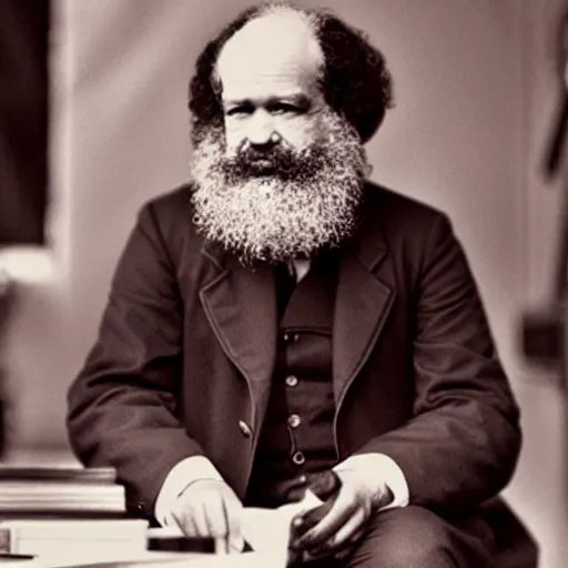 Image similar to Karl Marx dressed as a Starbucks Barista, photograph