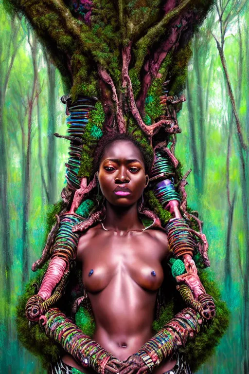 Prompt: hyperrealistic post - maximalist masterpiece super expressive! yoruba goddess with exoskeleton armor, merging with tree in a forest, highly detailed digital art cinematic, smooth cam de leon eric zener dramatic pearlescent soft teal pink light, ground angle hd 8 k, sharp focus