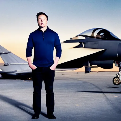 Prompt: elon musk, wearing a dark blue polo shirt, standing near fighter jet on an empty runway at dusk, high detail, volumetric lights, professional high quality studio photo from vogue magazine