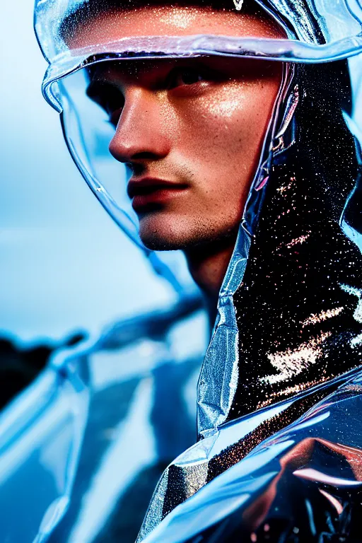 Image similar to an ultra high definition professional high fashion portrait studio full length photograph of a male model wearing a transparent pearlescent raincoat and neon visor in an icelandic black rock environment at dawn. no artefacts. extremely detailed. stark. refraction. shallow depth of field. volumetric light and shadow. ray tracing. light rays.