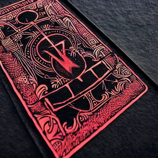 Prompt: tarot card on black paper of intricate red illustration of runes