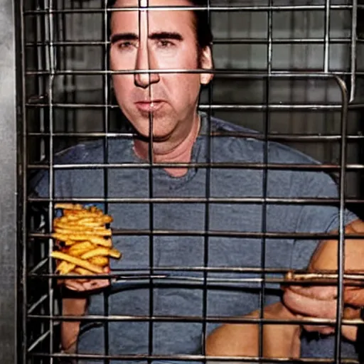 Prompt: sweaty nicholas cage in a cage with cajun fries