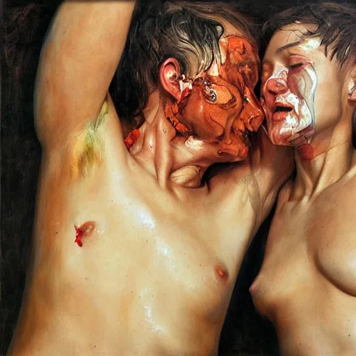 Prompt: lovers, skin, close up, by jenny saville