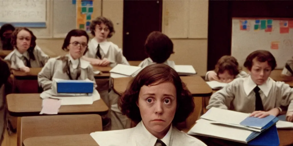 Prompt: screenshot of Olivia Coleman as a substitute teacher at a private school, 1970s psychological thriller by Stanely Kubrick film, color kodak, anamorphic lenses, detailed faces, moody cinematography