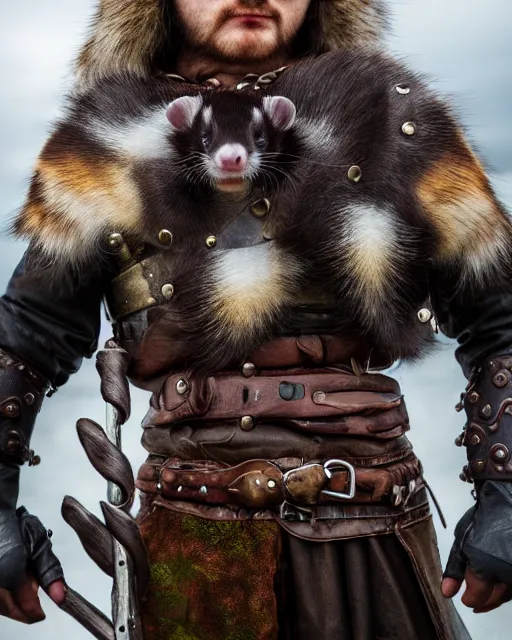 Prompt: ferret love warrior, furry, fantasy, viking, high detailed, hearts, photography, cloudy, lightweight leather armour, scandinavia, plain, detailed face, look into the distance, serious face, full body, in full growth, professional photographer, masterpiece, 5 0 mm, extremely detailed, digital art, middle ages, 8 k