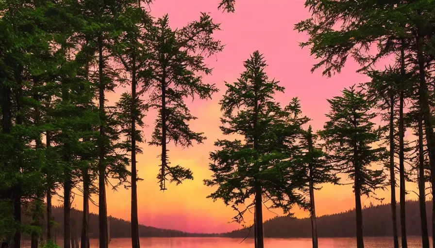Prompt: tall lush evergreen trees beside a beautiful lake, pink clouds backlit by yellow sun, nostalgic, calming, aesthetic, vibrant colors, by greg rutkowsk, featured on artstation, wide angle, vertical orientation