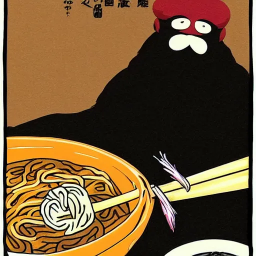 Image similar to wise old fly with a white beard eats ramen with chopsticks, anime, fantasy