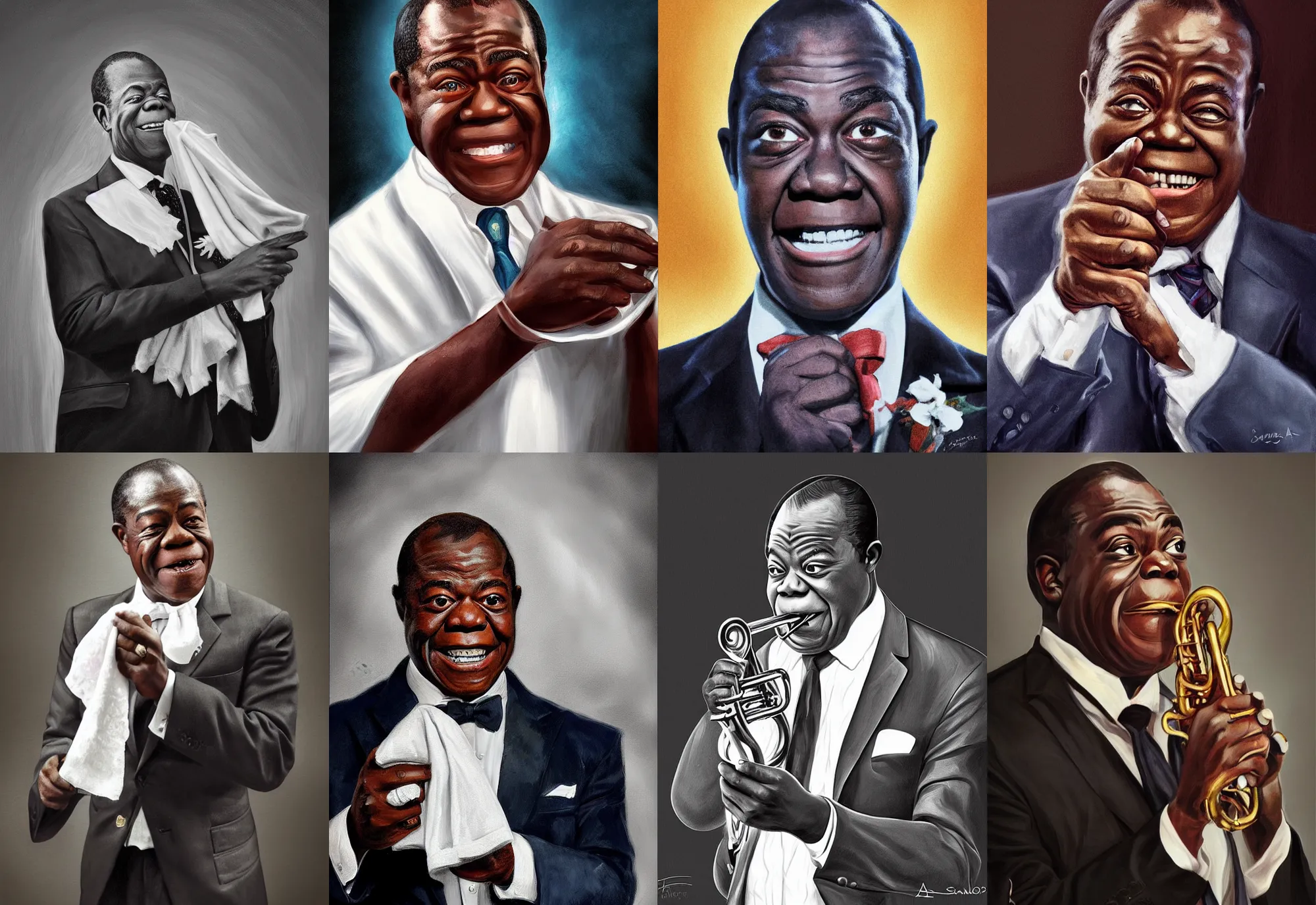 Prompt: a portrait of louis armstrong holding a white handkerchief, by samuel adoquei, dramatic lighting, highly detailed digital painting